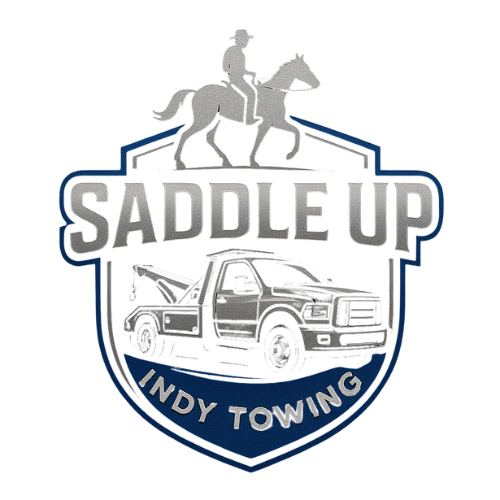Saddle Up Indy Towing logo with horse rider and tow truck